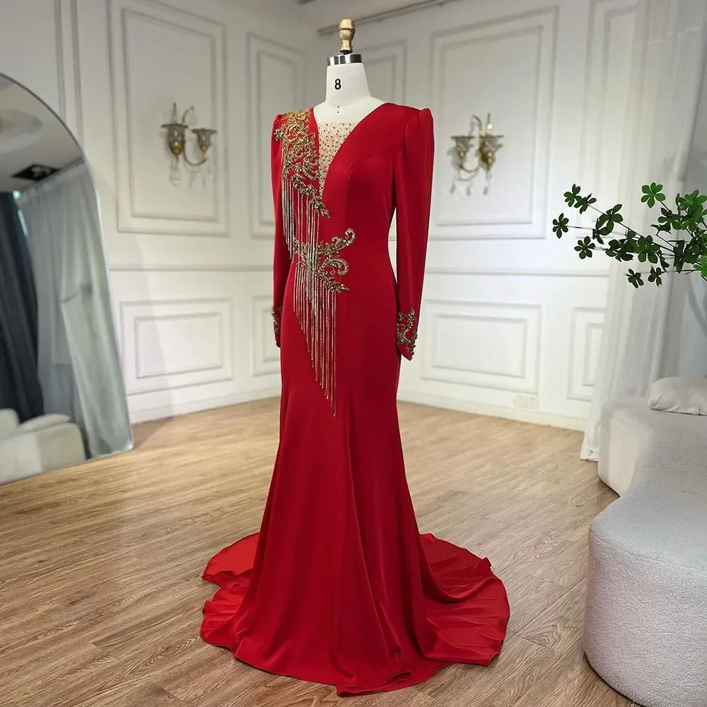 Serene Hill Arabic Red Mermaid Elegant Tassel Beaded Luxury Dubai Evening Dresses Gowns 2025 For Women Wedding Party LA72494 - SERENE HILL