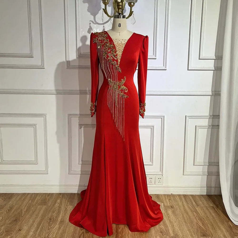 Serene Hill Arabic Red Mermaid Elegant Tassel Beaded Luxury Dubai Evening Dresses Gowns 2025 For Women Wedding Party LA72494 - SERENE HILL