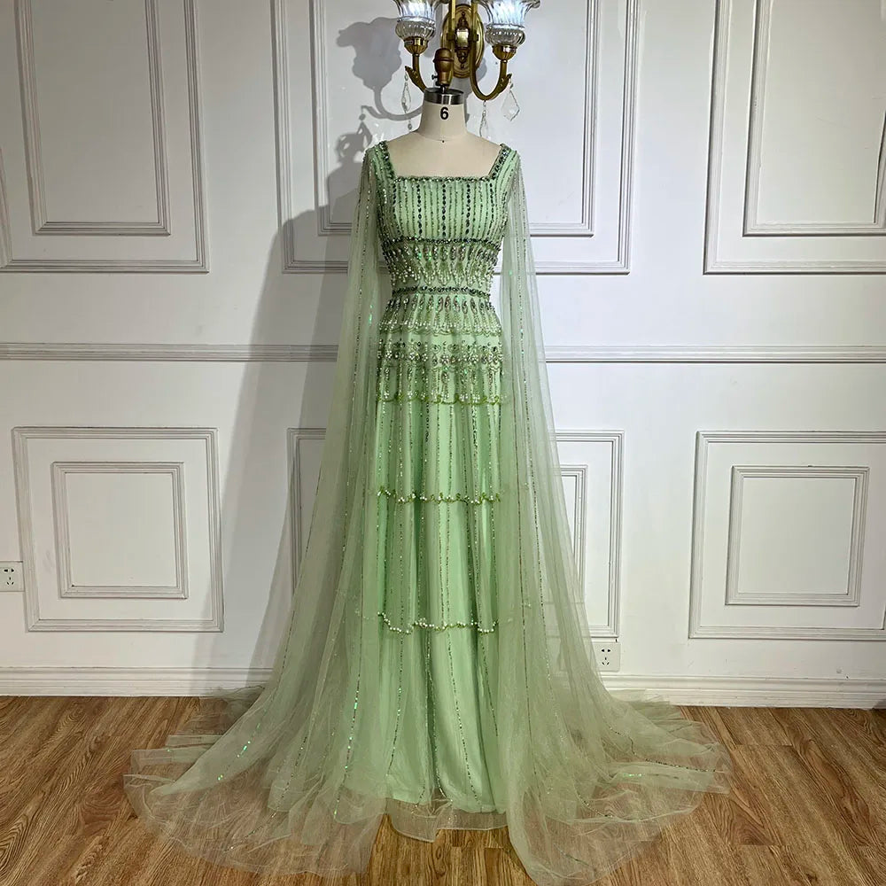 Luxury Dubai Arabic Sage Green Evening Gown with Cape Sleeves LA72595 - SERENE HILL