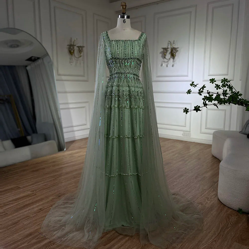 Luxury Dubai Arabic Sage Green Evening Gown with Cape Sleeves LA72595 - SERENE HILL