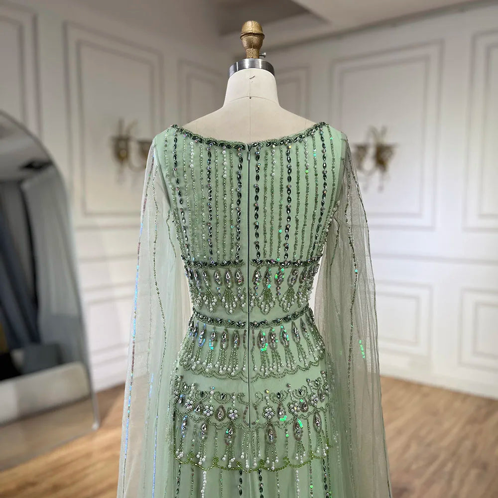 Luxury Dubai Arabic Sage Green Evening Gown with Cape Sleeves LA72595 - SERENE HILL