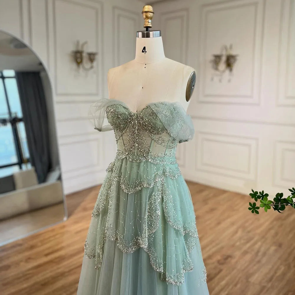 Luxury Sage Green Beaded A-Line Off-Shoulder Evening Dress LA72605 - SERENE HILL