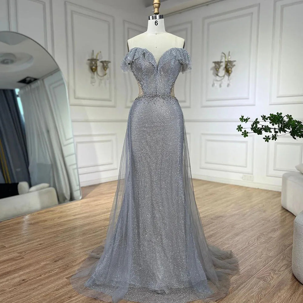 Serene Hill Arabic Silver Evening Gowns with Detachable Train, 2025 Luxury Sparkling Mermaid Dresses for Women&
