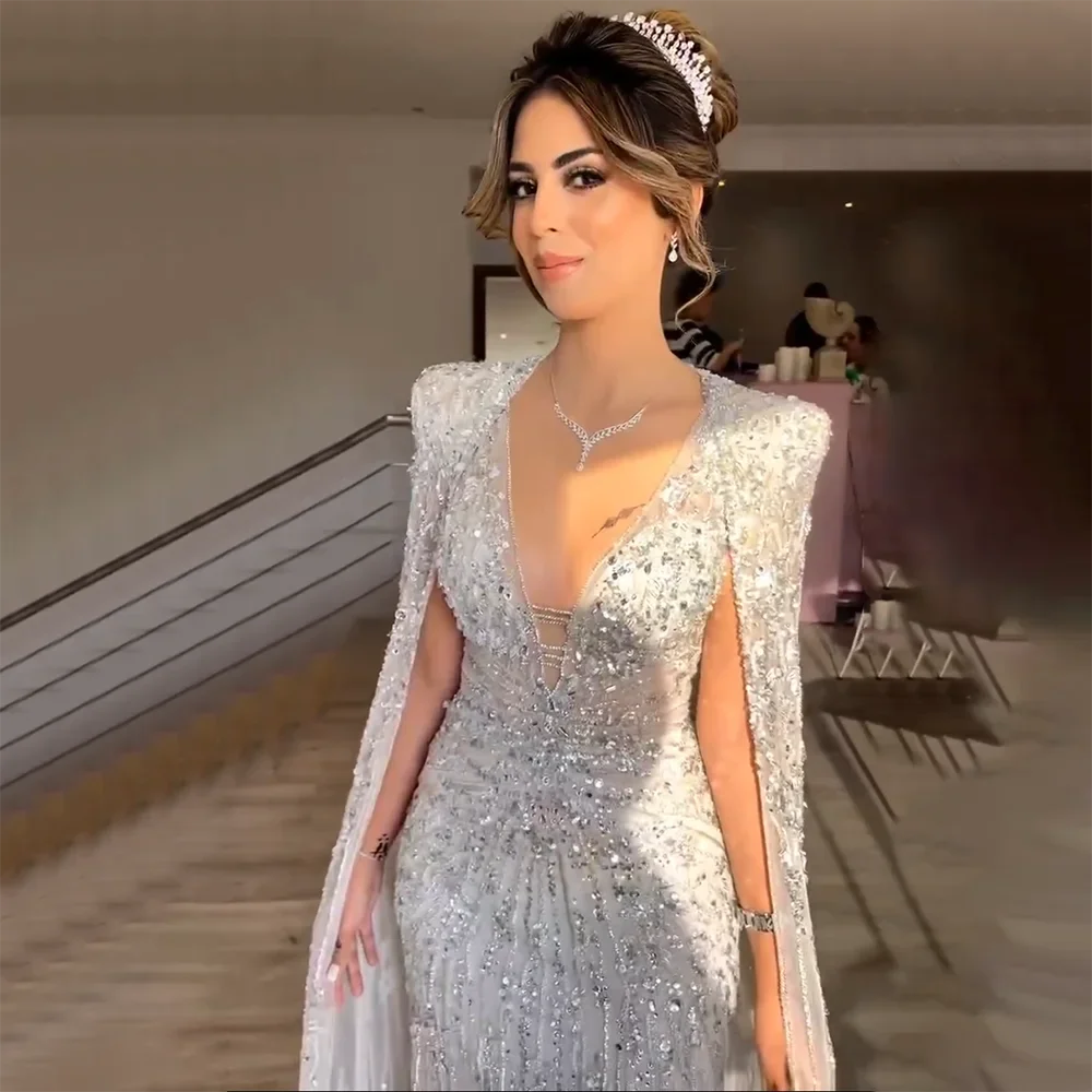 Luxury Dubai Turquoise Mermaid Evening Dresses with Cape V-Neck LA72239 - SERENE HILL