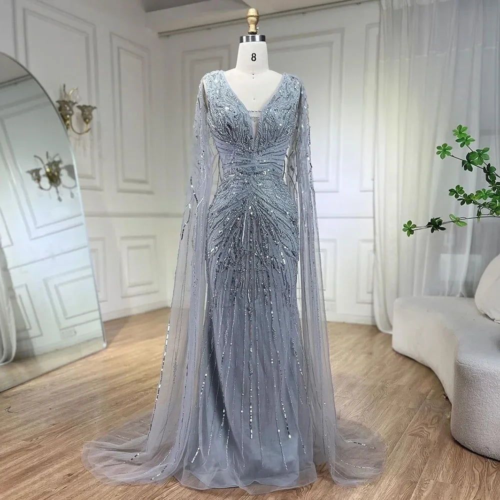 Luxury Dubai Turquoise Mermaid Evening Dresses with Cape V-Neck LA72239 - SERENE HILL