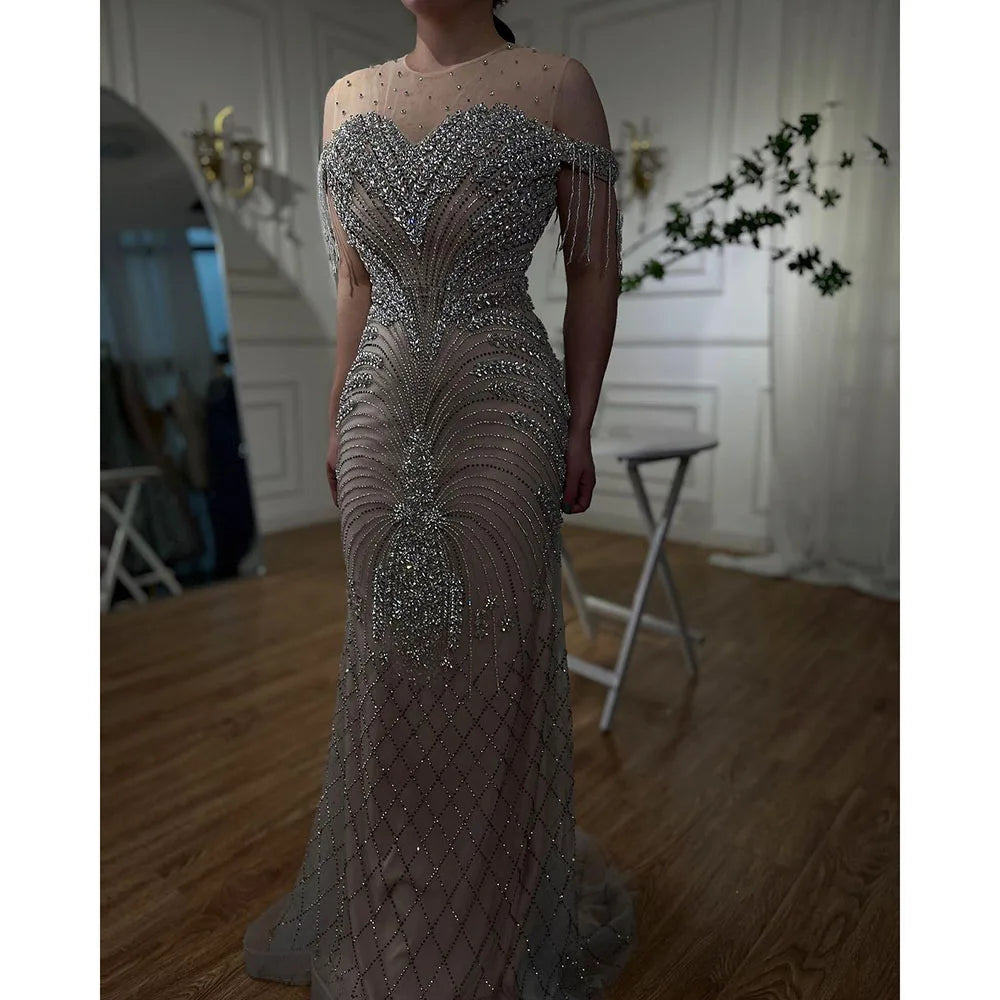 Serene Hill Arabic Silver Nude Mermaid Elegant Tassel Beaded Luxury Dubai Evening Dresses Gowns For Women Party LA71906 - SERENE HILL