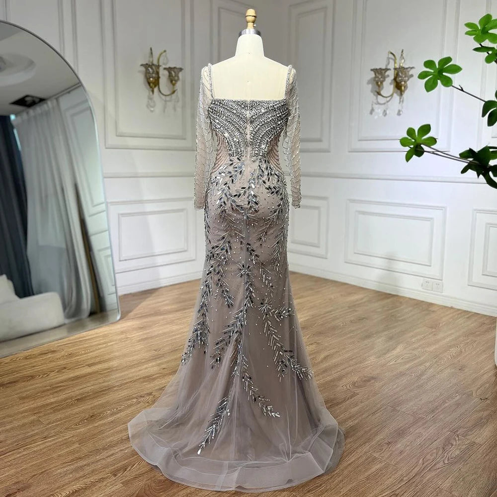 Serene Hill Arabic Silver Nude Mermaid Luxury Beaded Elegant Dubai Evening Dresses Gowns for Woman Wedding Party 2025 LA72513 - SERENE HILL