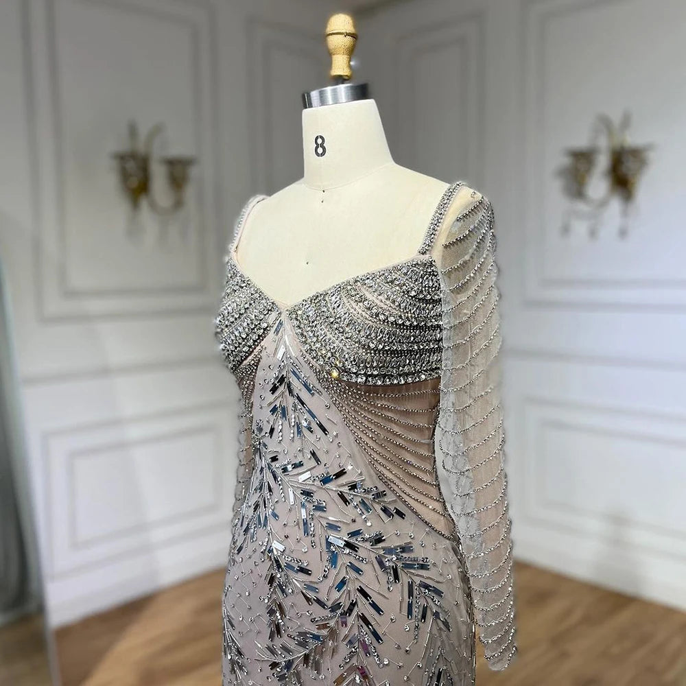 Serene Hill Arabic Silver Nude Mermaid Luxury Beaded Elegant Dubai Evening Dresses Gowns for Woman Wedding Party 2025 LA72513 - SERENE HILL