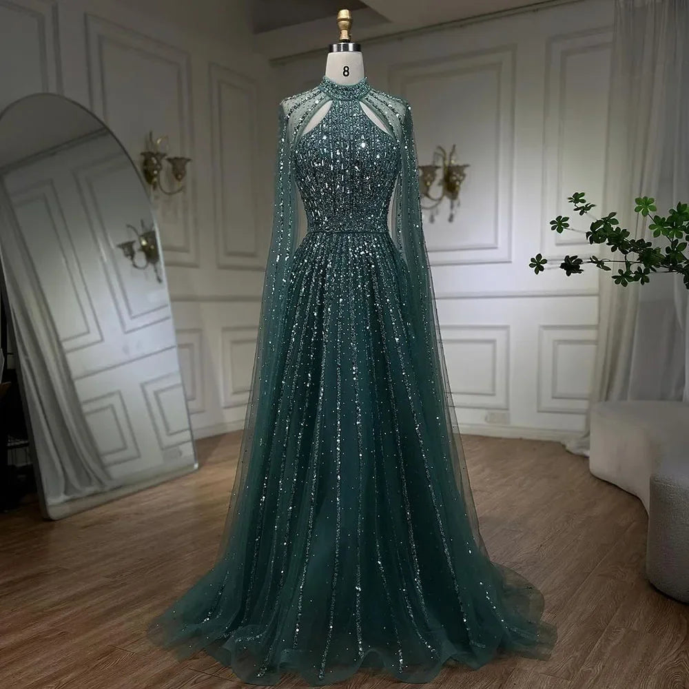 Luxury Turquoise A-Line Cape Sleeve Beaded Evening Dress Plus Size LA72306A - SERENE HILL