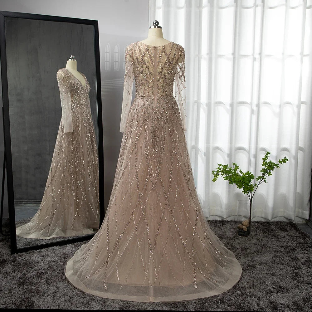 Serene Hill Arabic Turquoise A Line Sweetheart Long Sleeves Beaded Evening Dresses Gowns for Women Party 2025 LA71793 - SERENE HILL