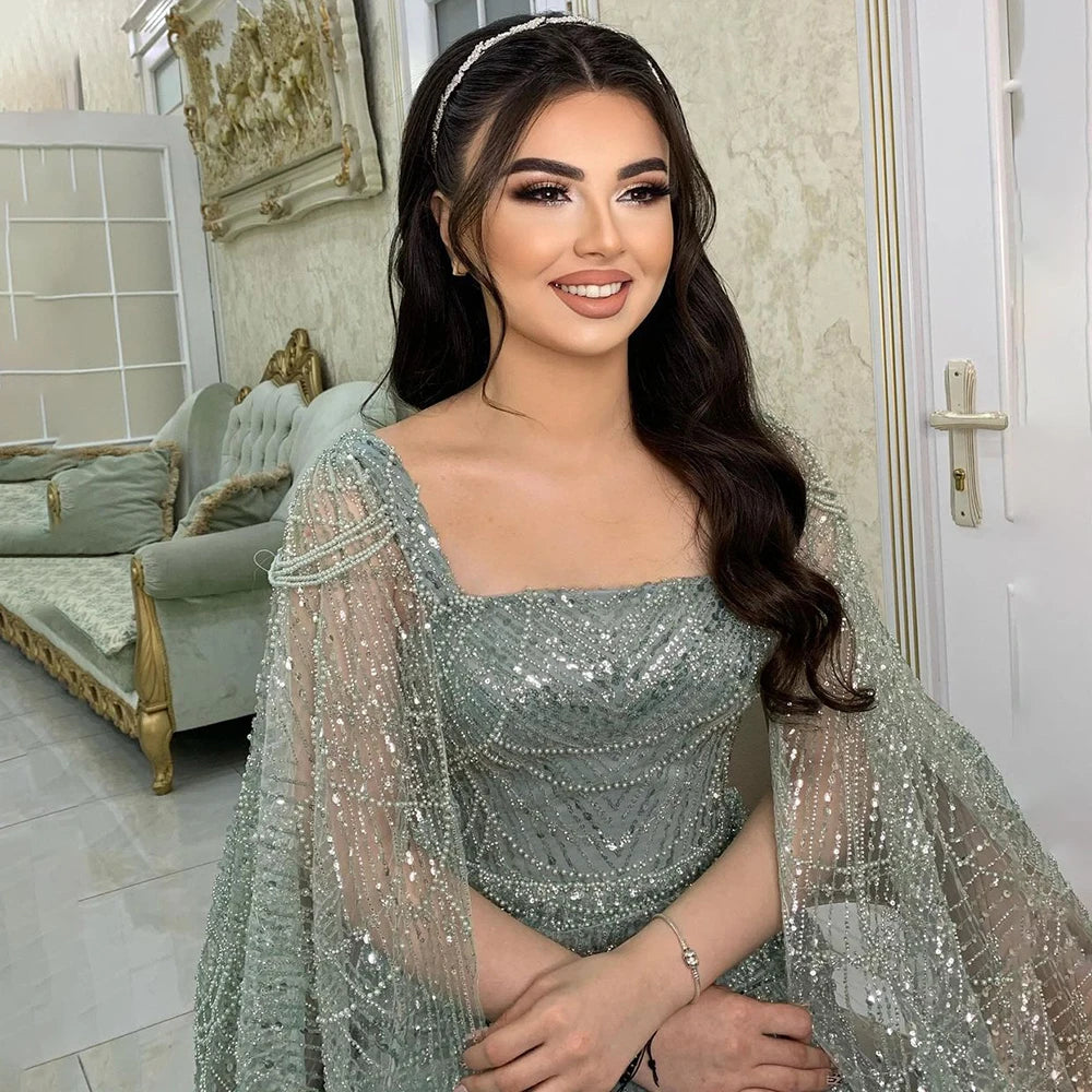 Luxury Turquoise Beaded Pearl Arabic Evening Dress with Cape Sleeves LA72590 - wine red / 6