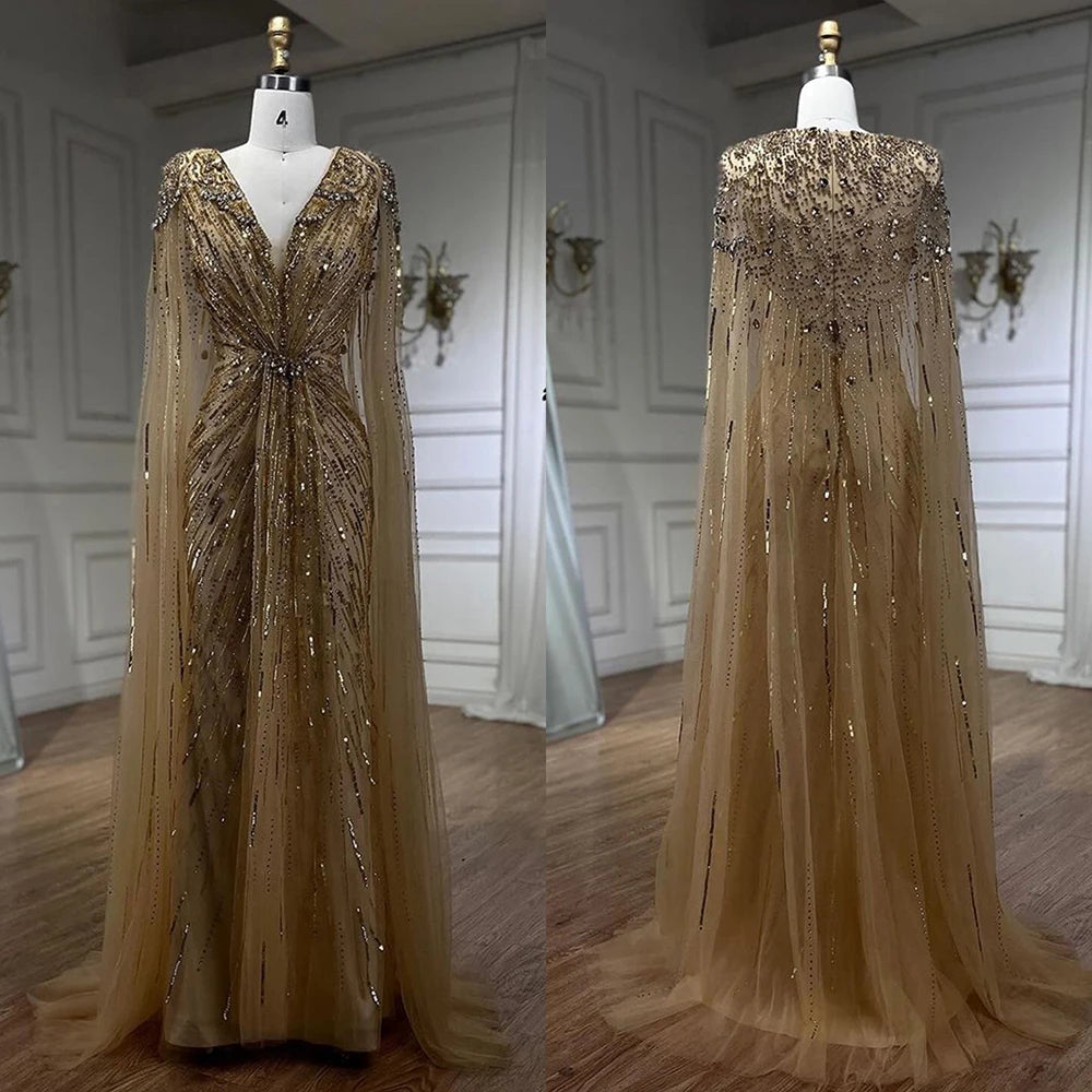 Serene Hill Arabic Turquoise Mermaid Beaded Cape Sleeves Elegant Evening Dresses Gowns 2025 For Women Wedding Party LA72168 - SERENE HILL