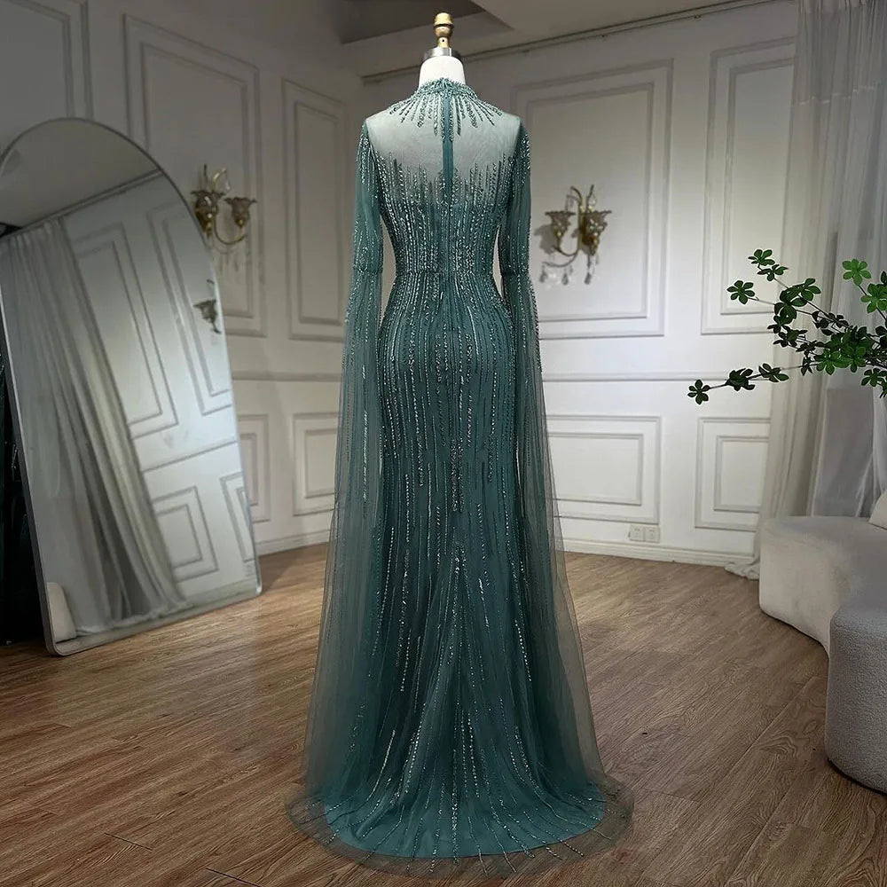 Serene Hill Arabic Turquoise Mermaid Cape Sleeves Split Beaded Evening Dresses Gowns For Woman Wedding Party 2025 LA72381 - SERENE HILL