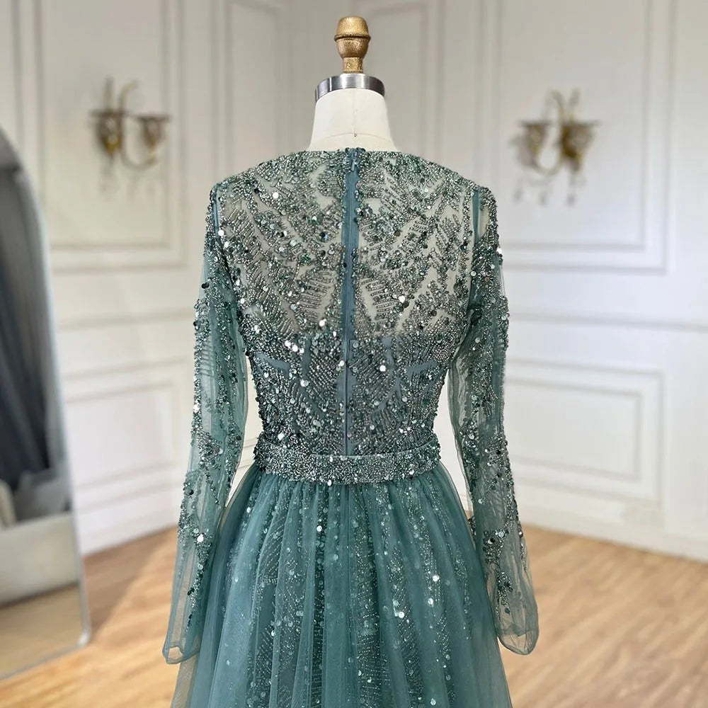Luxury Dubai Turquoise Beaded Evening Dress with Tulle LA72601 - SERENE HILL