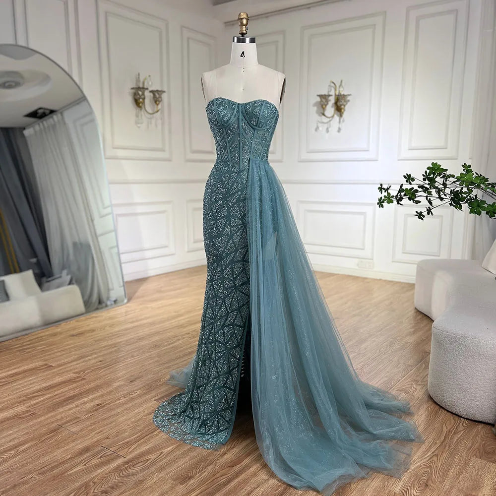 Serene Hill Arabic Turquoise High-Split Mermaid Beaded Luxury Evening Gown for Women Wedding Party 2025 LA72610 - SERENE HILL