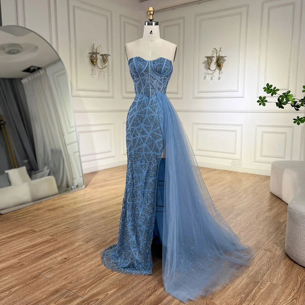 Serene Hill Arabic Turquoise High-Split Mermaid Beaded Luxury Evening Gown for Women Wedding Party 2025 LA72610 - SERENE HILL