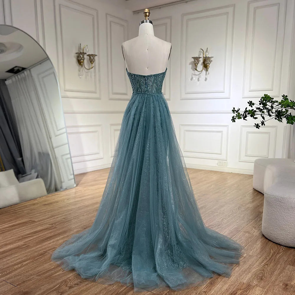 Serene Hill Arabic Turquoise High-Split Mermaid Beaded Luxury Evening Gown for Women Wedding Party 2025 LA72610 - SERENE HILL