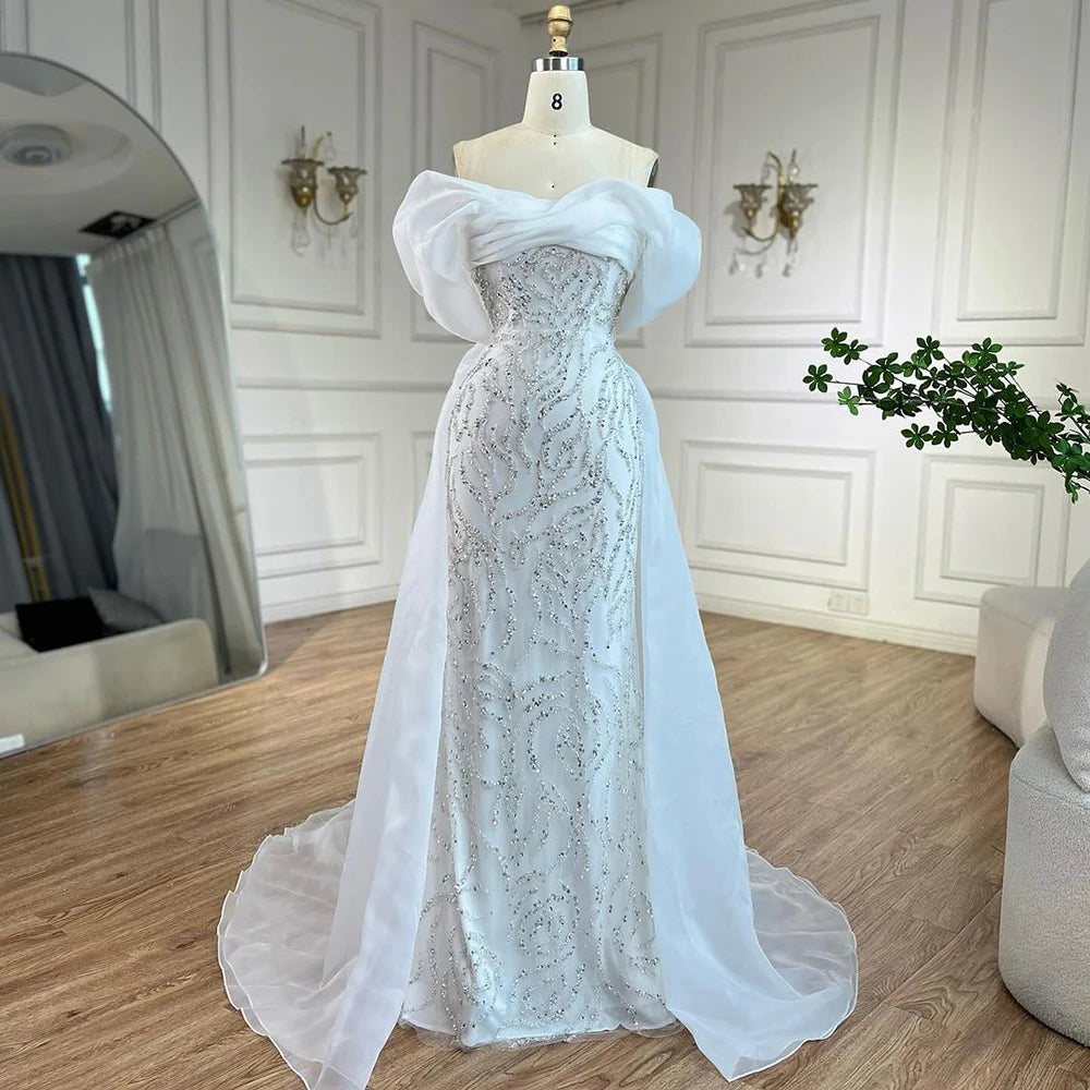 Luxury Dubai Arabic White Beaded Mermaid Elegant With Overskirt Luxury Dubai Evening Dresses Gowns for Women&