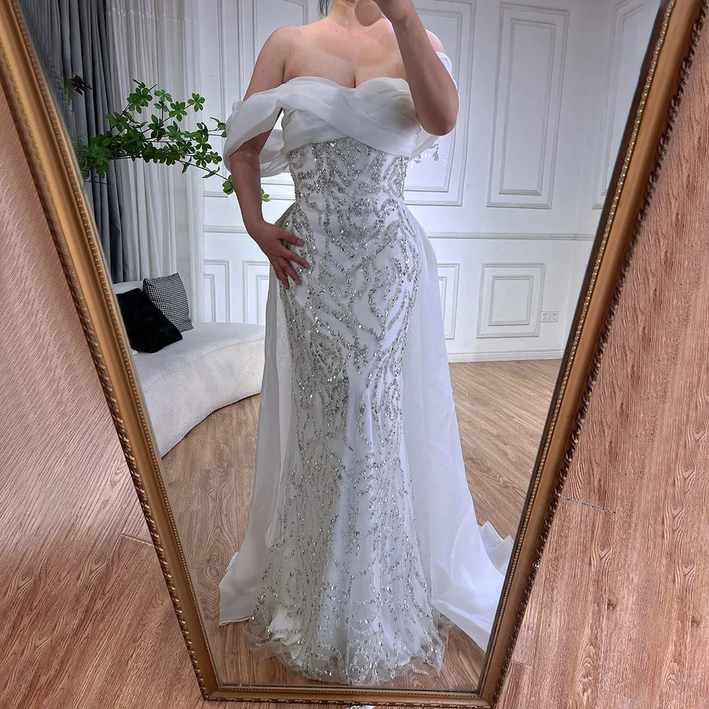 Luxury Dubai Arabic White Beaded Mermaid Elegant With Overskirt Luxury Dubai Evening Dresses Gowns for Women&