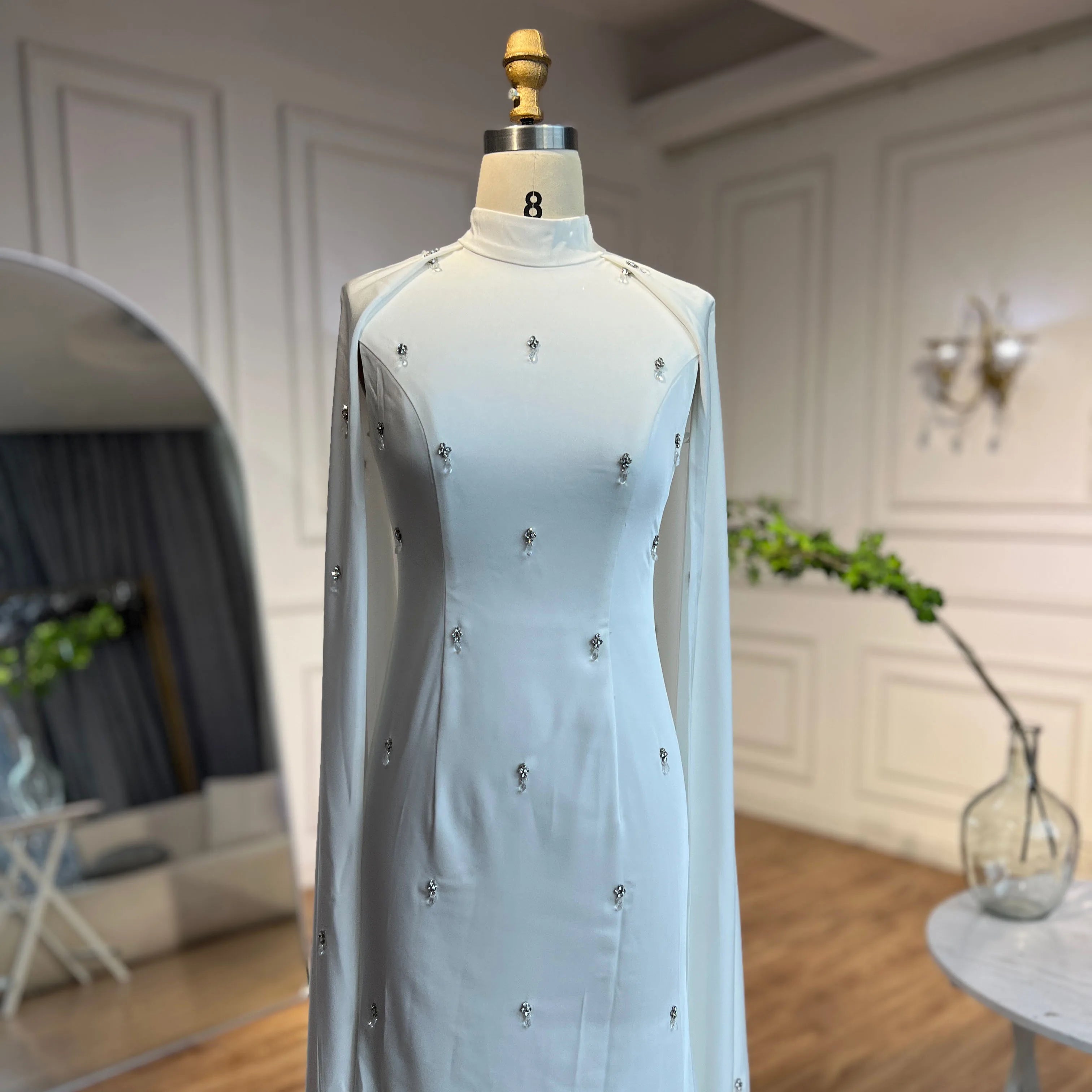 Serene Hill Arabic White Hijabs Mermaid Elegant Long Cloak Beaded Satin Dubai Evening Dresses Gowns For Women Party LA72487 - SERENE HILL