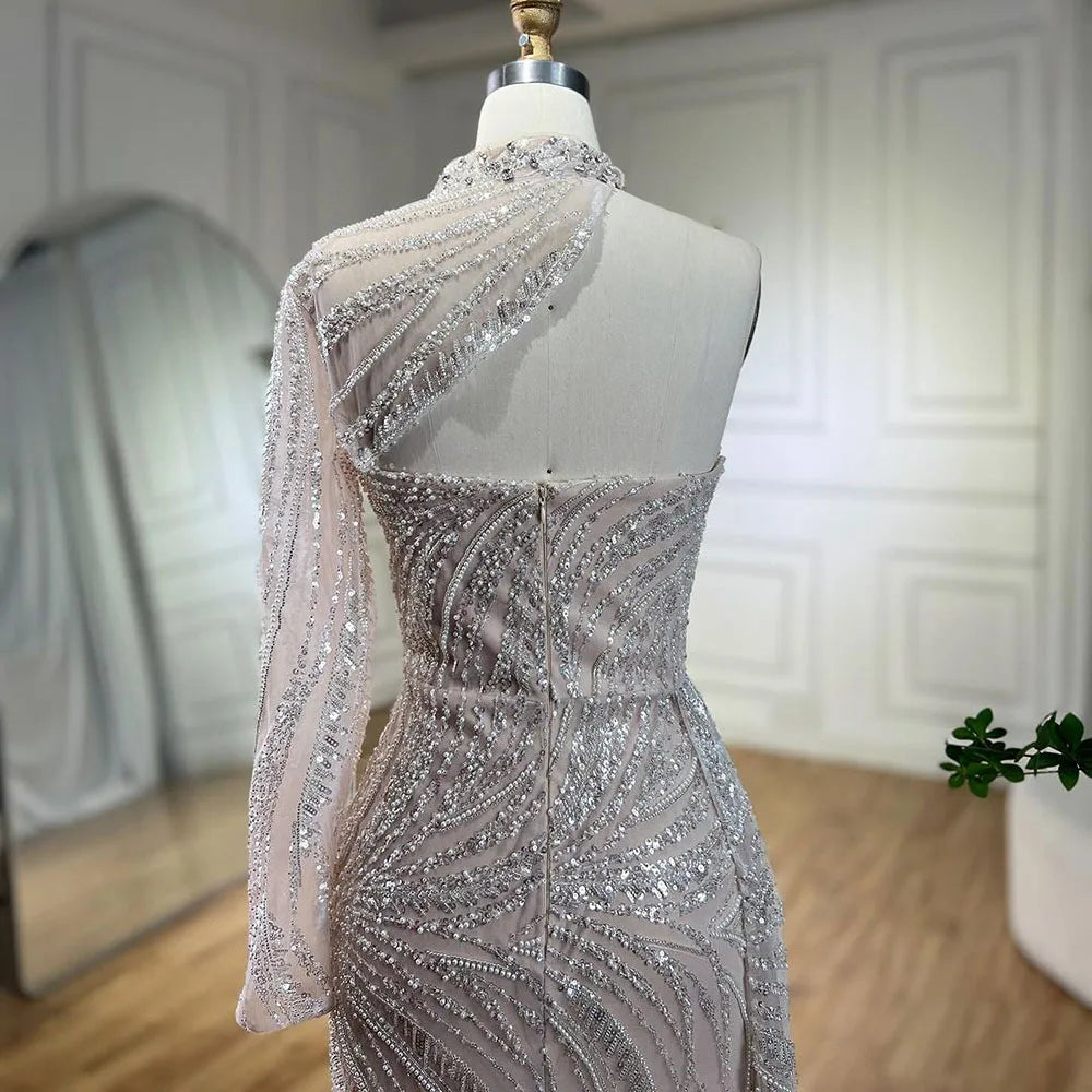 Serene Hill Arabic White Nude Mermaid Elegant One Shoulder Luxury Beaded Evening Dresses Gowns For Women Party 2025 LA72196 - SERENE HILL