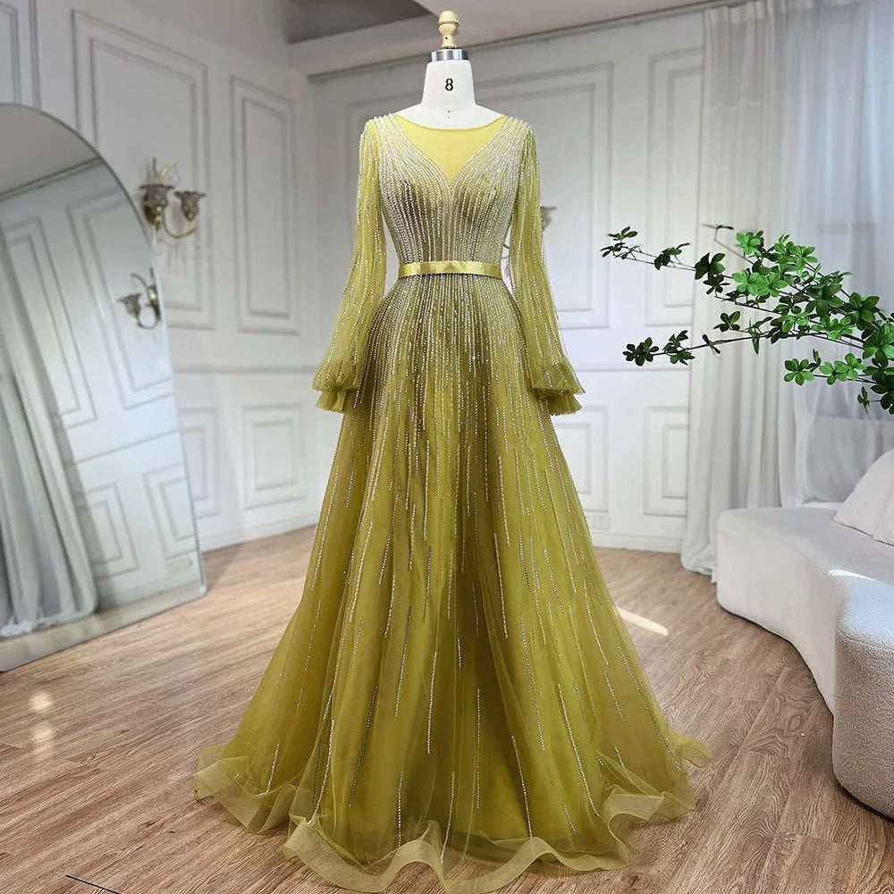 Serene Hill Arabic Yellow A Line Elegant Beaded Luxury Dubai Evening Dresses Gowns For Women Wedding Party 2025 LA72300 - SERENE HILL