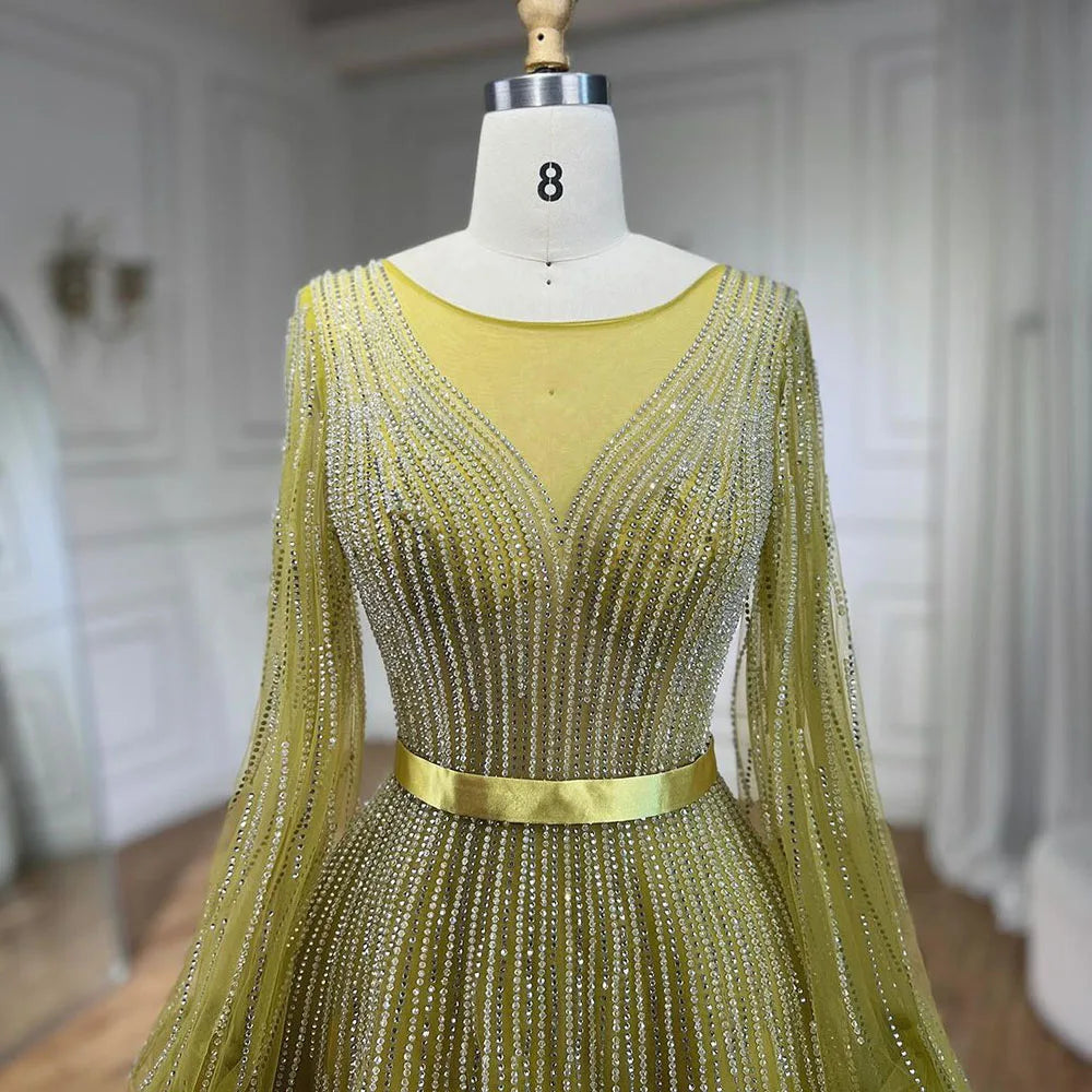 Serene Hill Arabic Yellow A Line Elegant Beaded Luxury Dubai Evening Dresses Gowns For Women Wedding Party 2025 LA72300 - SERENE HILL