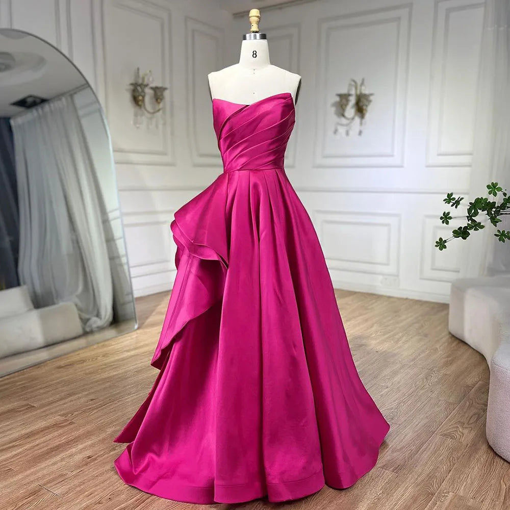 Serene Hill Arabic fuchsia A Line Elegant Satin Evening Dresses Gowns For Women Wedding Party 2025 LA72313 - fuchsia / 4