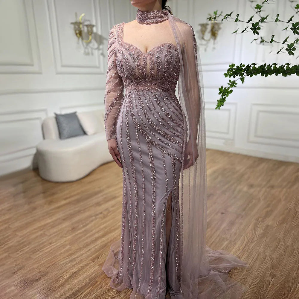Serene Hill Arabic pink Mermaid Cape Sleeve High Split Beaded Evening Dresses Gowns 2025 For Women Wedding Party LA71938 - SERENE HILL