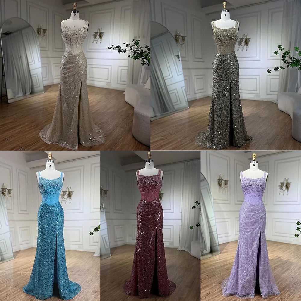 Luxury Dubai Beige Mermaid Floor Length Evening Gowns Luxury Beaded Crystal Spaghetti Strap Party Drsses For Women LA72163 - SERENE HILL