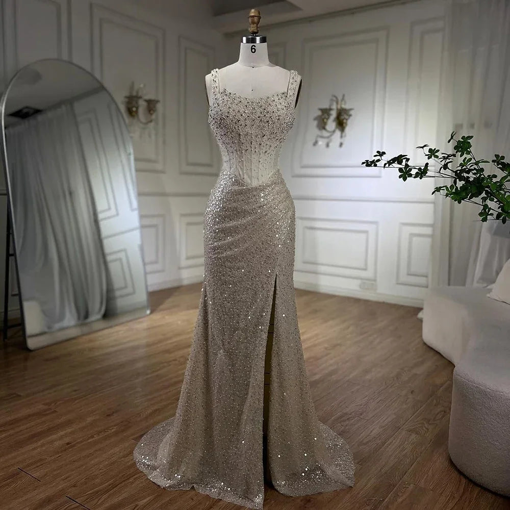 Luxury Dubai Beige Mermaid Floor Length Evening Gowns Luxury Beaded Crystal Spaghetti Strap Party Drsses For Women LA72163 - SERENE HILL