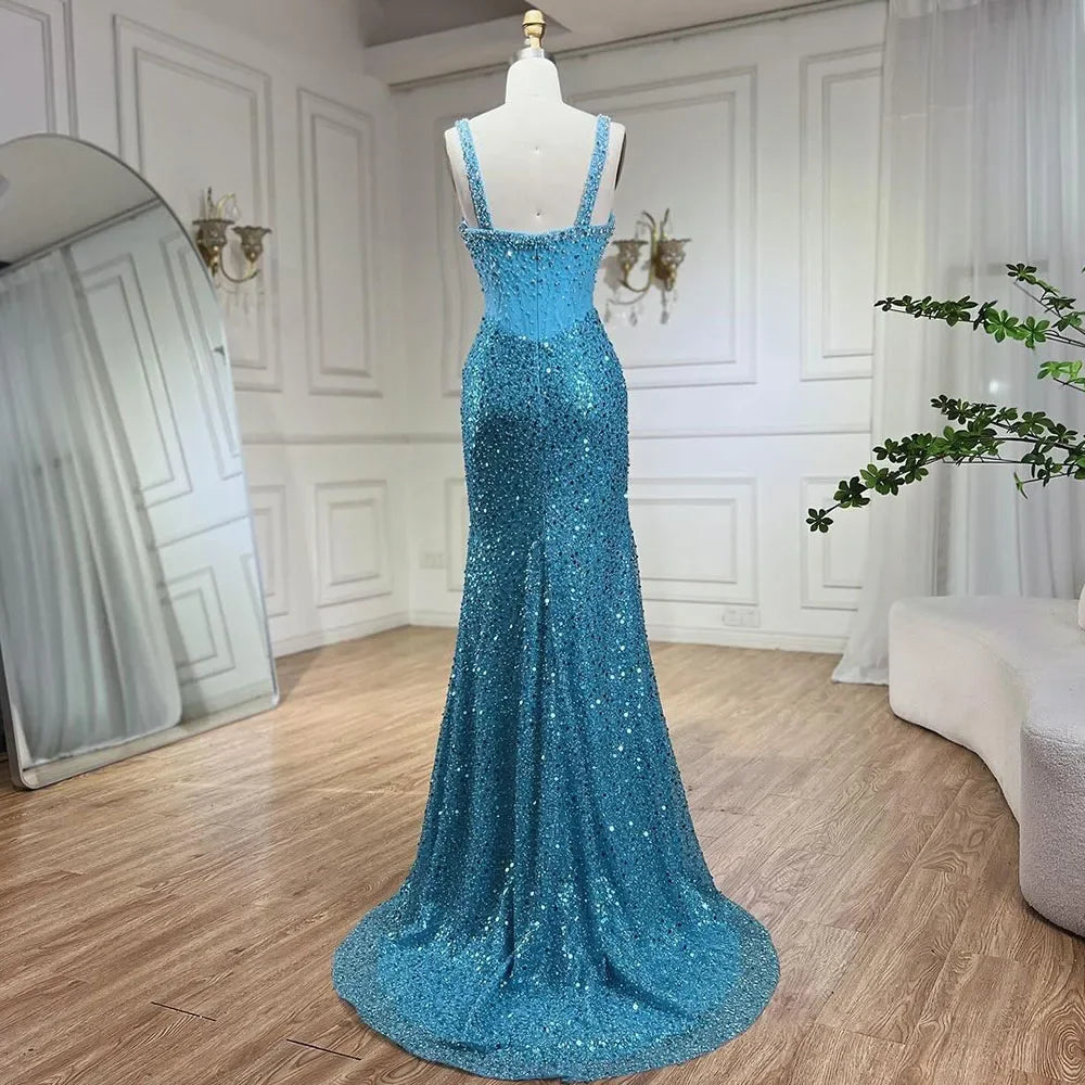 Luxury Dubai Beige Mermaid Floor Length Evening Gowns Luxury Beaded Crystal Spaghetti Strap Party Drsses For Women LA72163 - SERENE HILL