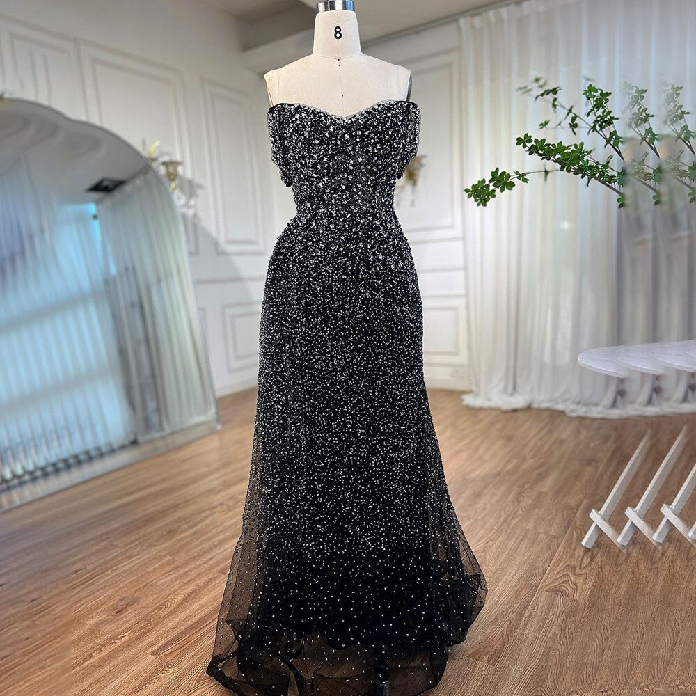 Serene Hill BlacK Mermaid Sexy High Split Crystal Beaded Luxury Evening Dresses Gowns 2025 For Women Wedding Party LA72150 - SERENE HILL