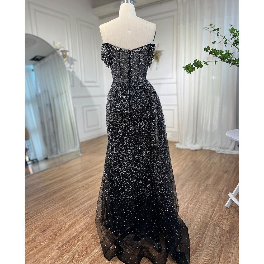 Serene Hill BlacK Mermaid Sexy High Split Crystal Beaded Luxury Evening Dresses Gowns 2025 For Women Wedding Party LA72150 - SERENE HILL