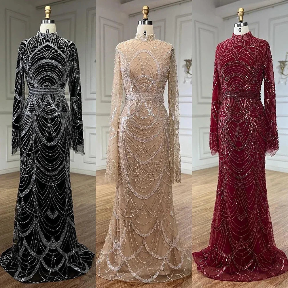 Serene Hill Black Muslim Luxury Beaded Elegant Mermaid Dubai Evening Dresses Gowns for Woman Wedding Party 2025 LA72512 - SERENE HILL