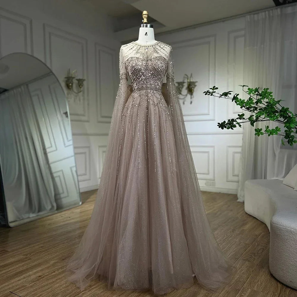 Serene Hill Blue A-Line Arabic Cape Sleeves O-Neck Bow Beaded Luxury Evening Dresses Gowns 2025 For Women Party LA71831 - SERENE HILL