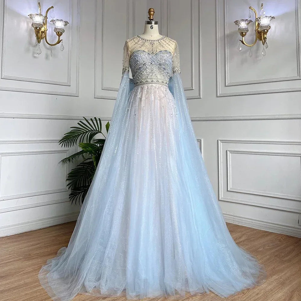 Serene Hill Blue A-Line Arabic Cape Sleeves O-Neck Bow Beaded Luxury Evening Dresses Gowns 2025 For Women Party LA71831 - SERENE HILL