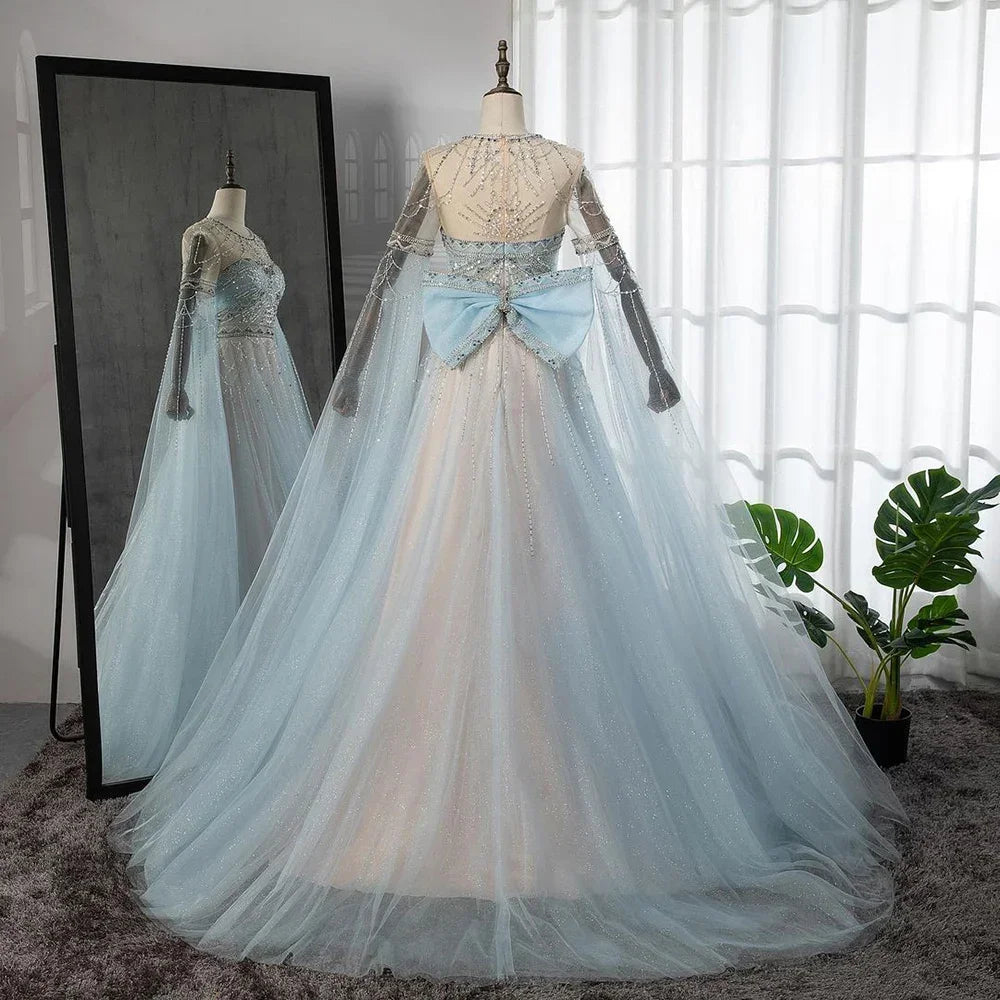 Serene Hill Blue A-Line Arabic Cape Sleeves O-Neck Bow Beaded Luxury Evening Dresses Gowns 2025 For Women Party LA71831 - SERENE HILL