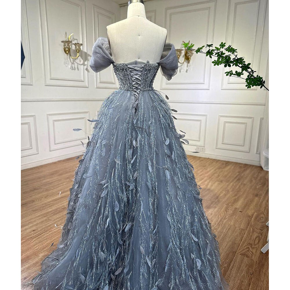Serene Hill Blue A Line Sexy Off Shoulder Beaded Feathers Luxury Evening Dresses Gowns For Women Wedding Party 2025 LA72120 - SERENE HILL