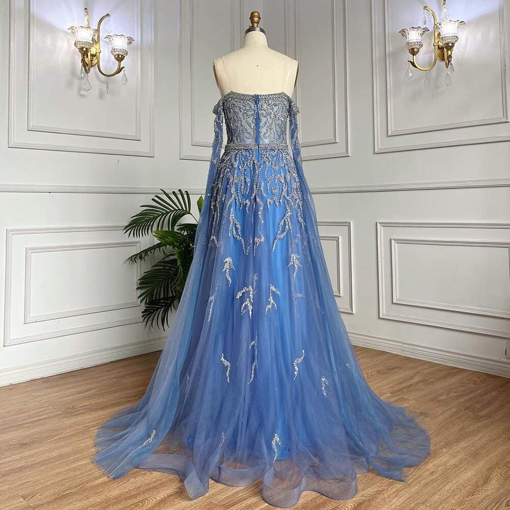 Serene Hill Blue A-Line Sexy Off Shoulder Cape Sleeves Beaded Luxury Evening Dresses Gowns For Women Arabic Party 2025 LA71836 - SERENE HILL