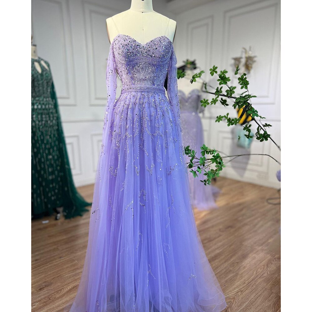 Serene Hill Blue A-Line Sexy Off Shoulder Cape Sleeves Beaded Luxury Evening Dresses Gowns For Women Arabic Party 2025 LA71836 - SERENE HILL