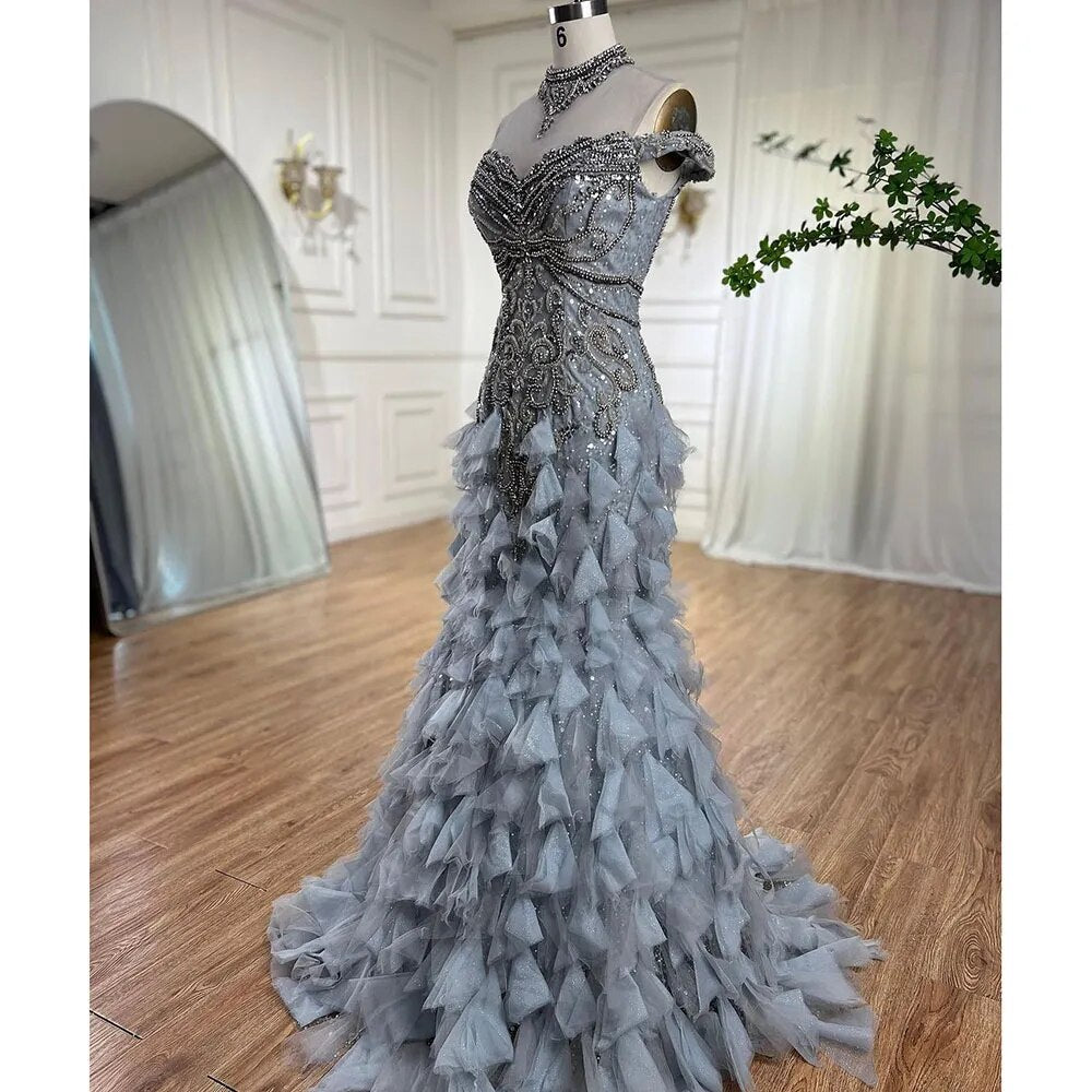 Serene Hill Blue Arabic Mermaid Luxury Evening Dresses Gowns Pearls Beaded Elegant For Woman Wedding Party 2025 LA72164 - SERENE HILL