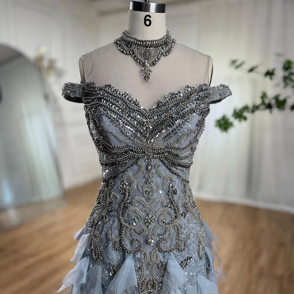 Serene Hill Blue Arabic Mermaid Luxury Evening Dresses Gowns Pearls Beaded Elegant For Woman Wedding Party 2025 LA72164 - SERENE HILL