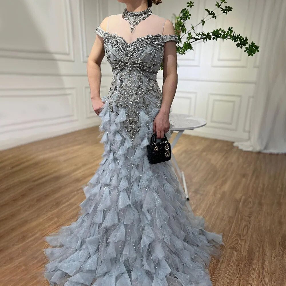 Serene Hill Blue Arabic Mermaid Luxury Evening Dresses Gowns Pearls Beaded Elegant For Woman Wedding Party 2025 LA72164 - SERENE HILL