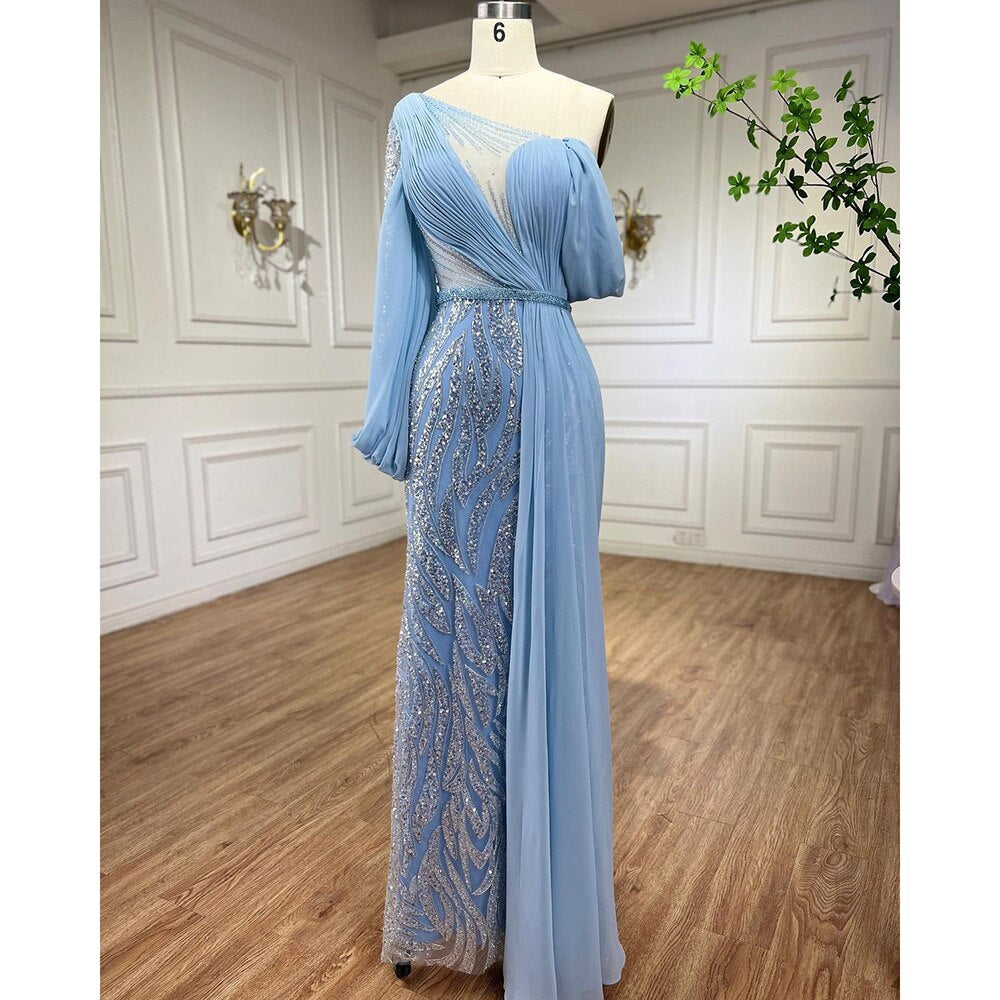 Serene Hill Blue Beaded Mermaid Evening Dresses Elegant Long Arabic Formal Gowns for Women Wedding Party 2025 LA72103 - SERENE HILL
