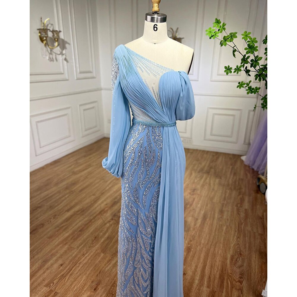 Serene Hill Blue Beaded Mermaid Evening Dresses Elegant Long Arabic Formal Gowns for Women Wedding Party 2025 LA72103 - SERENE HILL