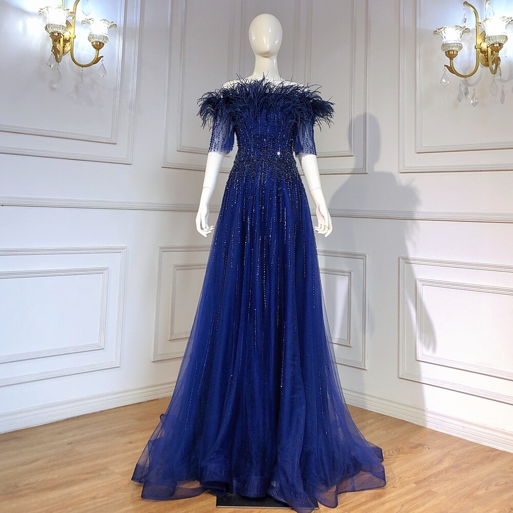 Serene Hill Blue Boat Neck Luxury Evening Dresses Gowns 2025 Short Sleeves Beaded Feather A-Line For Women Party LA71524 - SERENE HILL