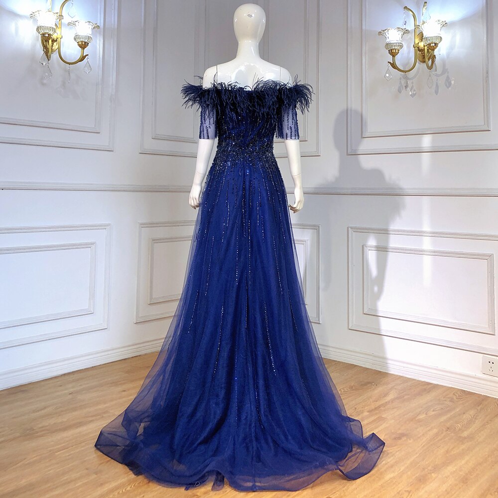 Serene Hill Blue Boat Neck Luxury Evening Dresses Gowns 2025 Short Sleeves Beaded Feather A-Line For Women Party LA71524 - SERENE HILL