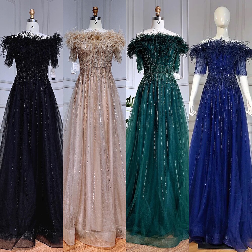 Serene Hill Blue Boat Neck Luxury Evening Dresses Gowns 2025 Short Sleeves Beaded Feather A-Line For Women Party LA71524 - SERENE HILL