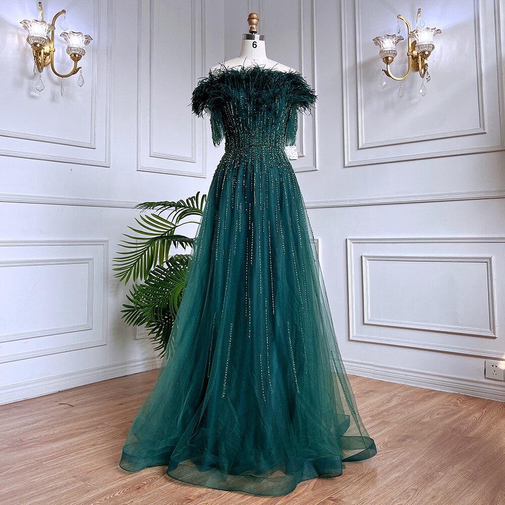 Serene Hill Blue Boat Neck Luxury Evening Dresses Gowns 2025 Short Sleeves Beaded Feather A-Line For Women Party LA71524 - SERENE HILL